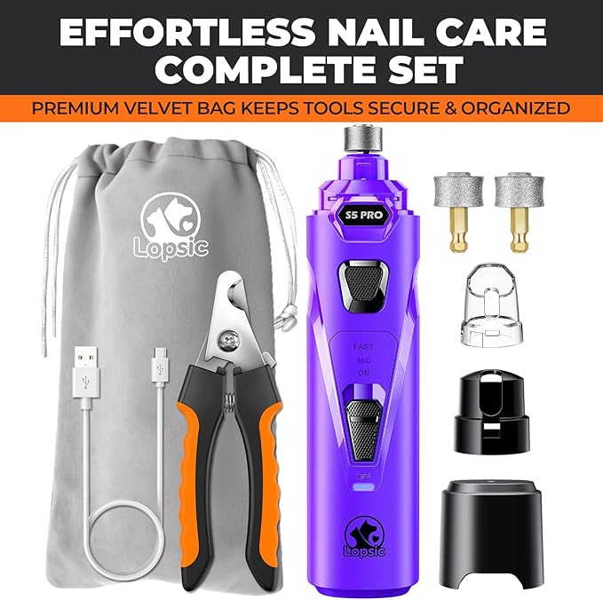 Whisper Quiet Dog Nail Grinder with LED Light, Safe & Stress-Free for Sensitive Dogs of All Breeds & Sizes, 3 Grinding Bits, 3-Speed, Pet Nail Trimmers, Rechargeable Painless Grooming Kit Purple