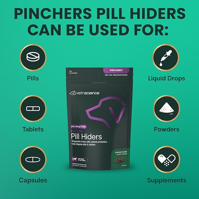 VetriScience Pinchers Pill Hiders Chews, Non-Greasy with Probiotics for Dogs, Disguise Small Capsules and Tablets, Soft and Chewy, Gut and Immune Support, Chicken, 45 Count