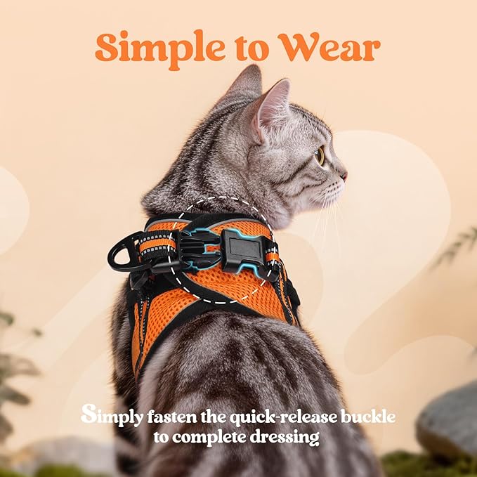 rabbitgoo Cat Harness and Leash Set for Walking Escape Proof, Adjustable Soft Kittens Vest with Reflective Strip for Cats, Comfortable Outdoor Vest,Light Orange,L