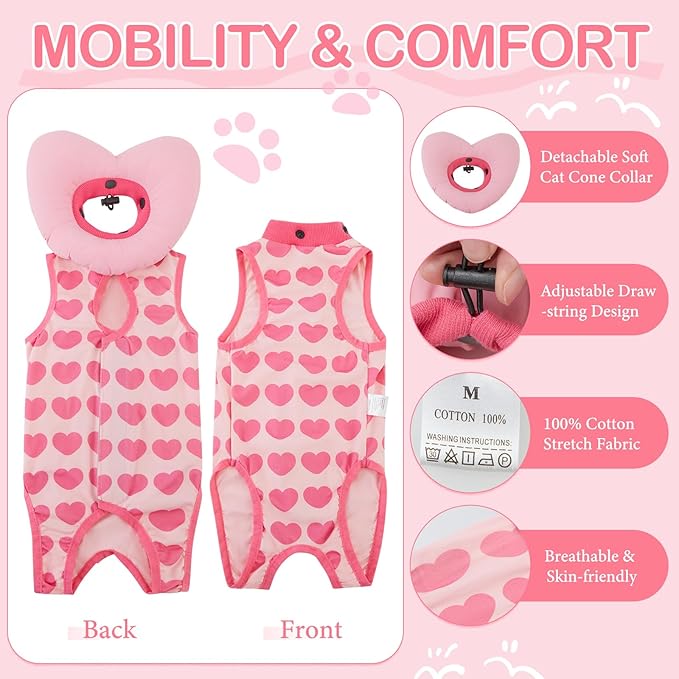EMUST Cat Surgery Recovery Suit for Female Cats, Adjustable Soft E-Collar Alternative Onesie, Breathable Anti-Licking Post-Op Pet Pajamas for Spay & Abdominal Protection(Heart,M)