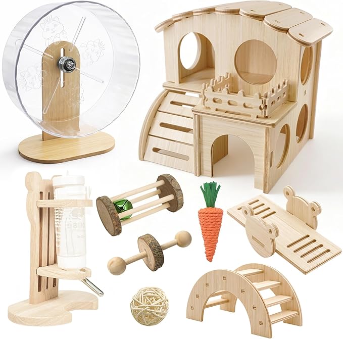 Hamster Cage Accessories Set ，Silent Exercise Wheel, Maze Wooden Hideout, Water Bottle with Holder, Chew Toys & Interactive Platform for Hamsters, Mice, Gerbils (All-in-One Habitat Enrichment Kit)