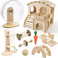 Hamster Cage Accessories Set ，Silent Exercise Wheel, Maze Wooden Hideout, Water Bottle with Holder, Chew Toys & Interactive Platform for Hamsters, Mice, Gerbils (All-in-One Habitat Enrichment Kit)