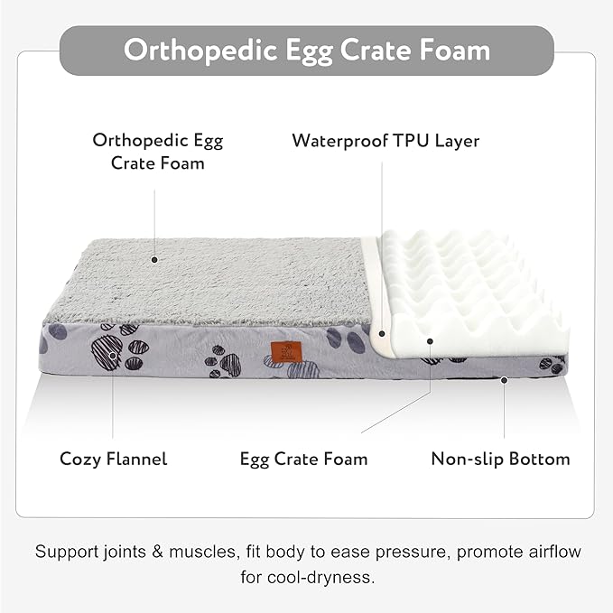 XL Dog Bed for Crate, 41x27 Inch Washable Crate Mat with Removable Cover & Anti-Slip Bottom, Comfy Orthopedic Egg Crate Foam Flat Pet Bed, Light Grey