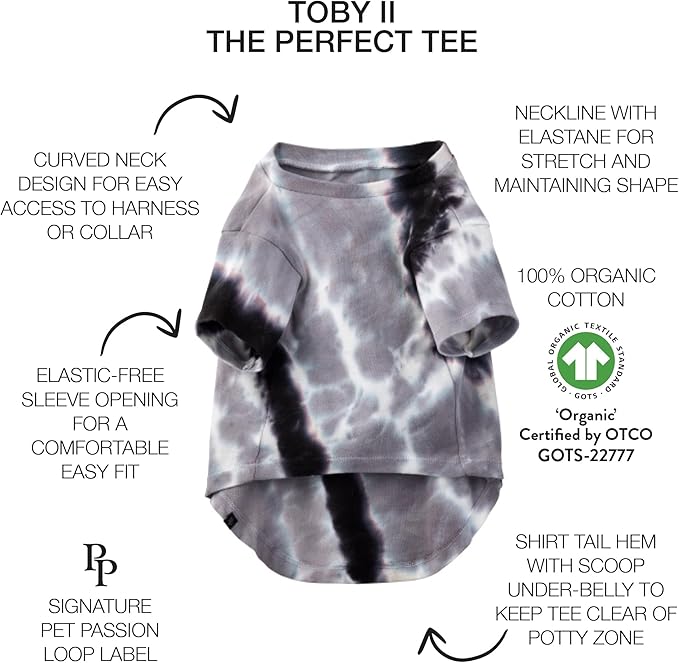 Toby II - The Perfect Tee, 3 Pack Short Sleeve Pet T-Shirt 100% Organic Cotton Tees Clothes for Small, Medium, Large Dogs, Black Sand Tie Dye, X-Small (5-12 lbs)
