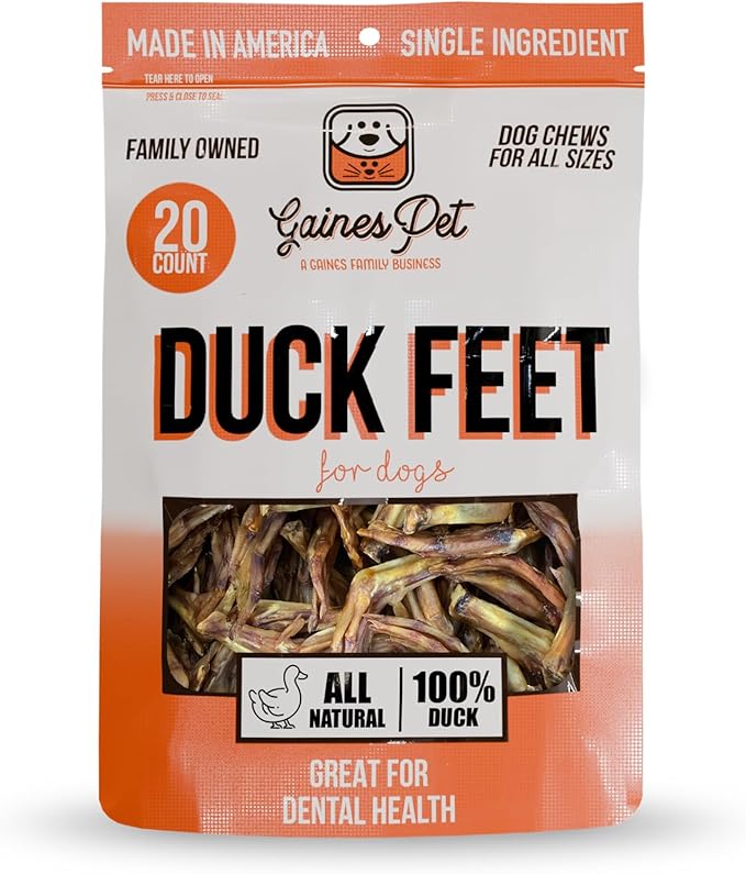 Gaines Pet Duck Feet for Dogs – 20 Count, Natural Chews with Glucosamine, Chondroitin & Collagen – Single Ingredient Dog Treats, Grain-Free, USA Made, Joint & Dental Health Support