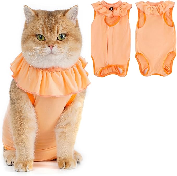 Avont Cat Recovery Suit - Kitten Onesie for Cats After Surgery, Cone of Shame Alternative Surgical Spay Suit with Ruffles for Female Cat, Post-Surgery or Skin Diseases Protection -Apricot (L)