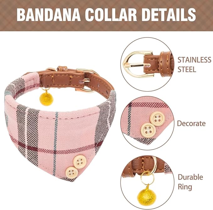 KOOLTAIL Pink Girl Dog Collar and Leash Set for Small Dogs with Bowtie and Bells - Cute Puppy Bandana Collar and Leash with Classic Plaid Pattern, Soft Leather Tangle Free Leashes for Small Dogs, S