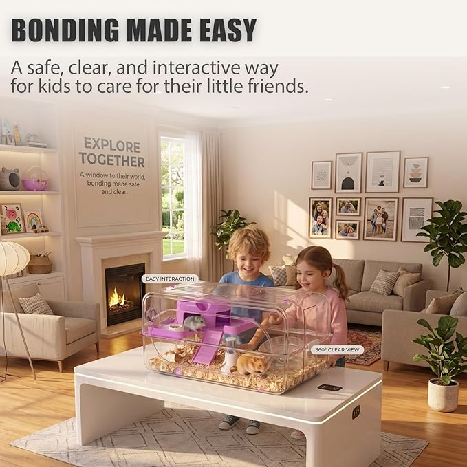 Large Hamster Cage 24" L×14" H - 360° Clear TV Shaped Pet Enclosure with 12-in-1 Starter Kit, 2-Tier Acrylic Habitat with Deep Burrowing Base, Silent Wheel for Syrian, Dwarf Hamsters & Gerbil Cage