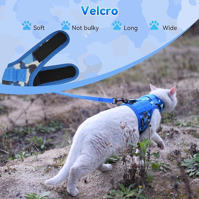 Tactical Kitty Harness and Leash for Walking Escape Proof Breathable Mesh Fabric, Ocean Camo, X-Small, Adjustable Cat Walking Jackets, Padded Stylish Cat Vest