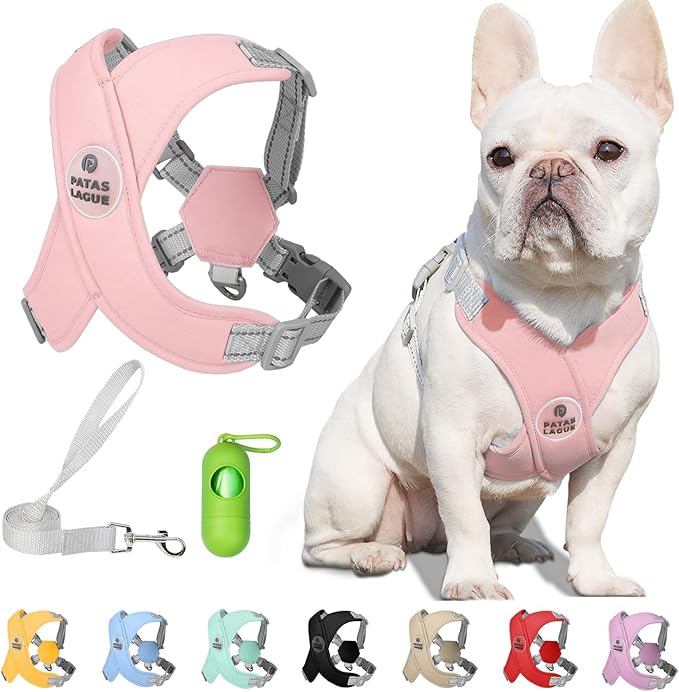 Patas Lague Dog Harness with Leash Set Adjustable Soft Padded Step-in Dog Vest No Choke No Pull Reflective for Small Medium Pets with Poop Bags and Dispenser, Solid and No-chew, Pink M