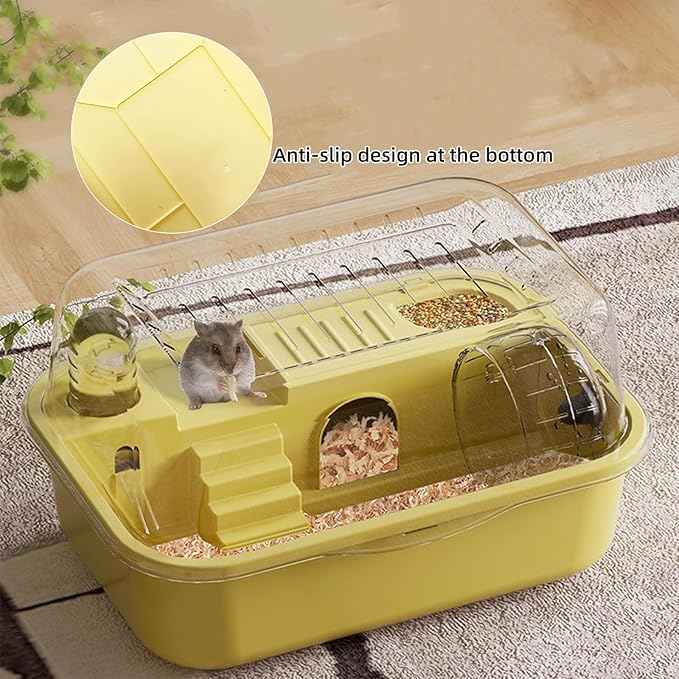 Hamiledyi Dwarf Hamster Cage Clear Plastic Small Hamster Cage Portable Carrier with Water Bottle Exercise Wheel Bathtub Box Set Toy for Dwarf Baby Hamster (Yellow)