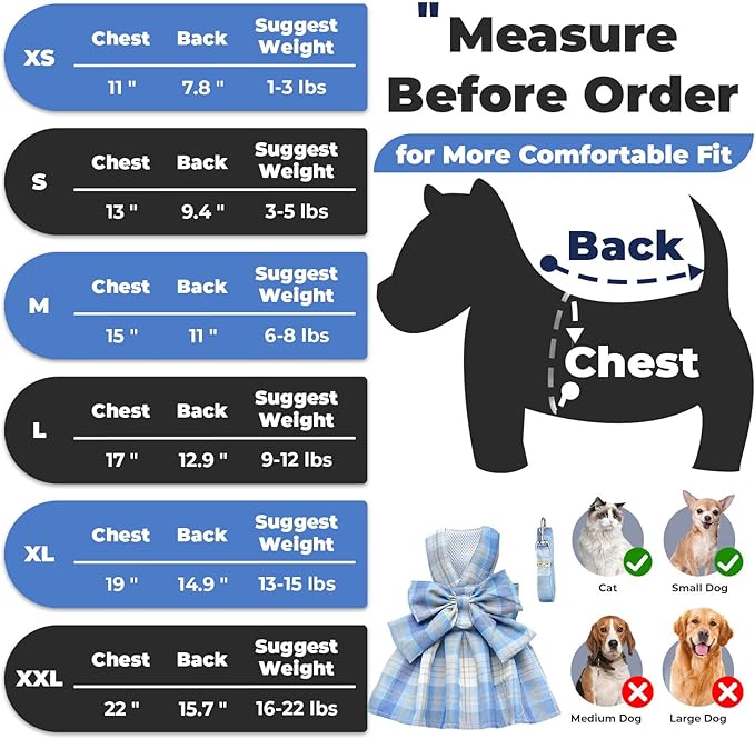 PETCARE Plaid Dog Dress Bow Tie Harness Leash Set for Small Dogs Cats Girl Cute Princess Dog Dresses Spring Summer Puppy Bunny Rabbit Clothes Chihuahua Yorkies Pet Outfits