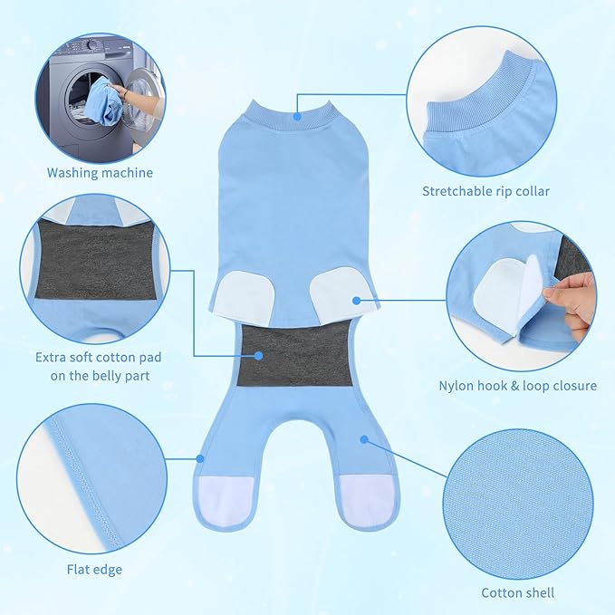 2 Packs Breathable Cotton Dog Recovery Suit for After Neuter Spay Abdominal Wounds Protector, Professional Anti-Licking Onesies for Male Female Pets Surgery Bandages, S Black Blue Pure