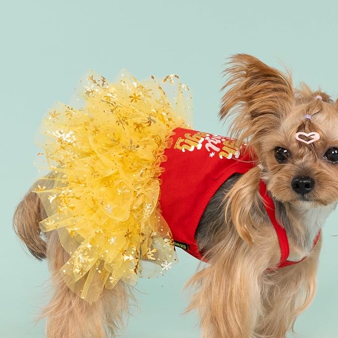Fitwarm Sleigh Girl Sleigh Dog Tutu Dress, Fancy Christmas Clothes for Small Dogs Girl, Funny Holiday Pet Outfit, Red, Golden Yellow, XXS