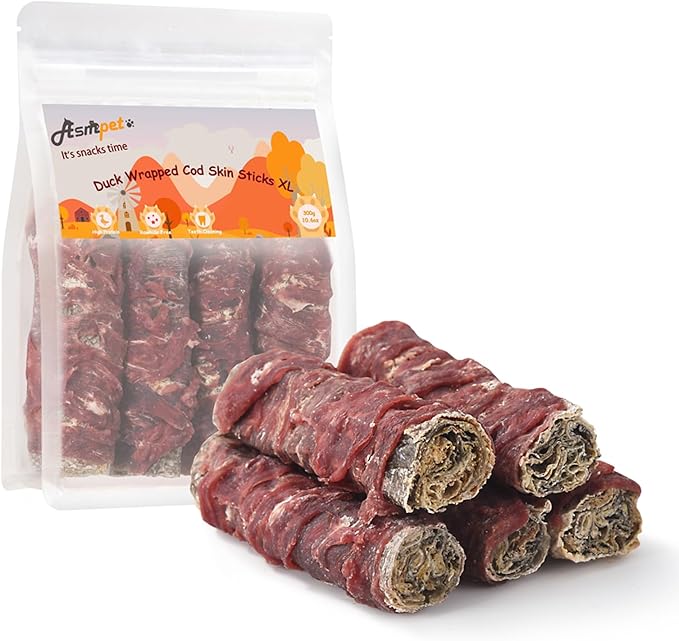 ASMPET Dog Cod Skin Treats, Duck Wrapped Cod Skin Sticks, Rawhide Free Dog Treats Chews Bones, Extra Large