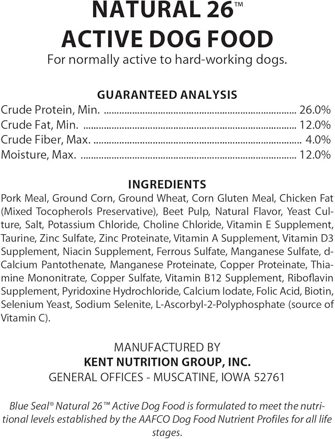 Blue Seal Natural 26 Active Dry Dog Food, Protein-Dense, Vitamin and Mineral Support, Ideal for Normally Active to Working Dogs, 25 Pound Bag