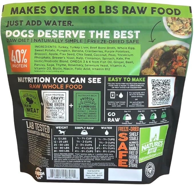 Nature's Diet Simply Raw Freeze-Dried Raw Whole Food Meal - Makes 18 Lbs Fresh Food With Muscle, Organ, Bone Broth, Whole Egg, Superfoods, Fish Oil Omega 3, 6, 9, Probiotics & Prebiotics (Turkey)