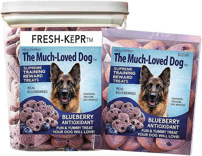 The Much Loved Dog™ Elite, Natural Blueberry Treats in Fresh-KEPR™, Natural, Fun & Yummy! Human- Food-Grade, Small-Batch Baked By CA Dog-Lovers, Freshness in All Climates, U.S.A., Refill and Save.