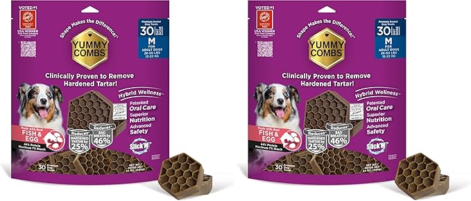 Yummy Combs Dog Dental Treats – Fish & Egg Protein – Vet VOHC Approved, Removes Tartar – A Daily Teeth Cleaning Treat for Medium Dogs (30 Count) (Pack of 2)