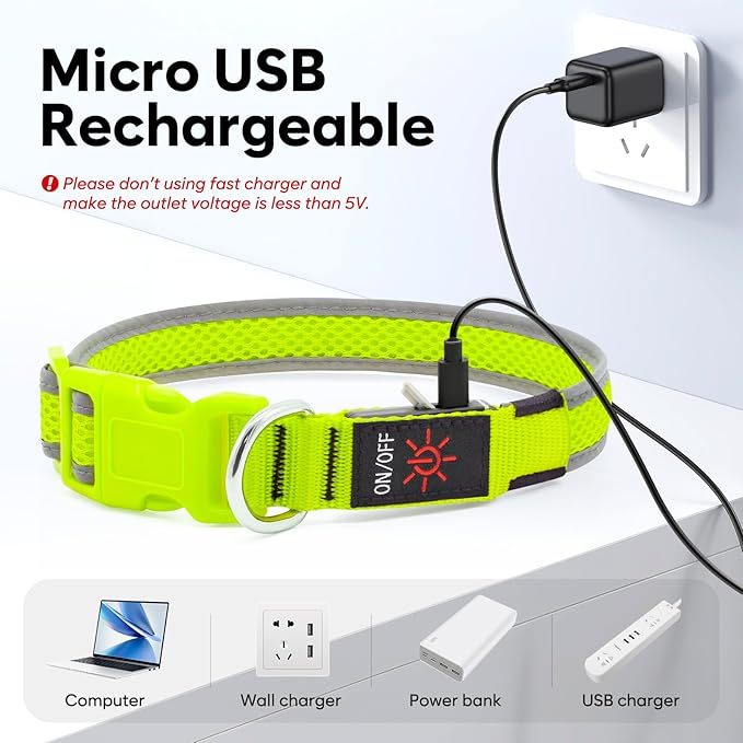 Flashseen LED Dog Collar, Light Up Dog Collar USB Rechargeable, Brightest Dog Lights for Night Walking, Adjustable Dog Collar Light for Dog Safety (Green, Medium)