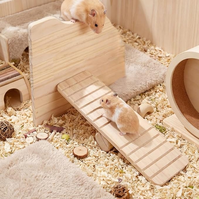 2-in-1 Wooden Hamster Platform & Seesaw Set - Natural Pine Small Animal Climbing Toy & Cage Accessories for Syrian Hamster, Gerbil, Mouse, Rabbit Habitat Enrichment (Bridge/Maze/Wheel/Hide Compatible)