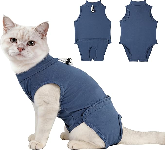 Gyuzh Cat Surgery Recovery Suit for Male Cats - Breathable & Comfortable Cone Alternative. Easy-Pull Recovery Suit with Adjustable Neck & Snap Closure for Neutering, Anti-Licking Wound Care Blue L