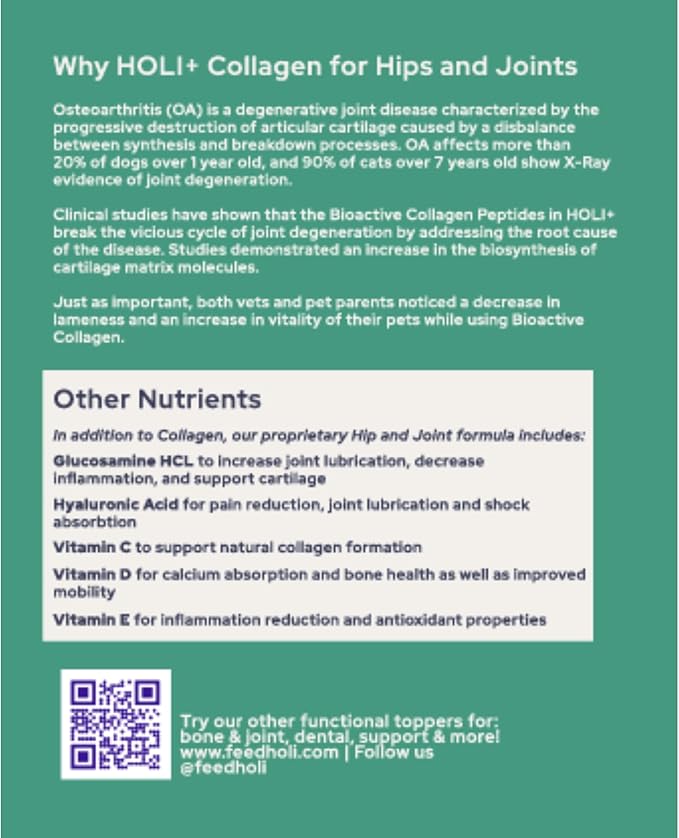 HOLI+ Collagen Supplement for Dogs - Hip and Joint Care Collagen Powder with Glucosamine and Hyaluronic Acid - Easy to Mix Functional Topper