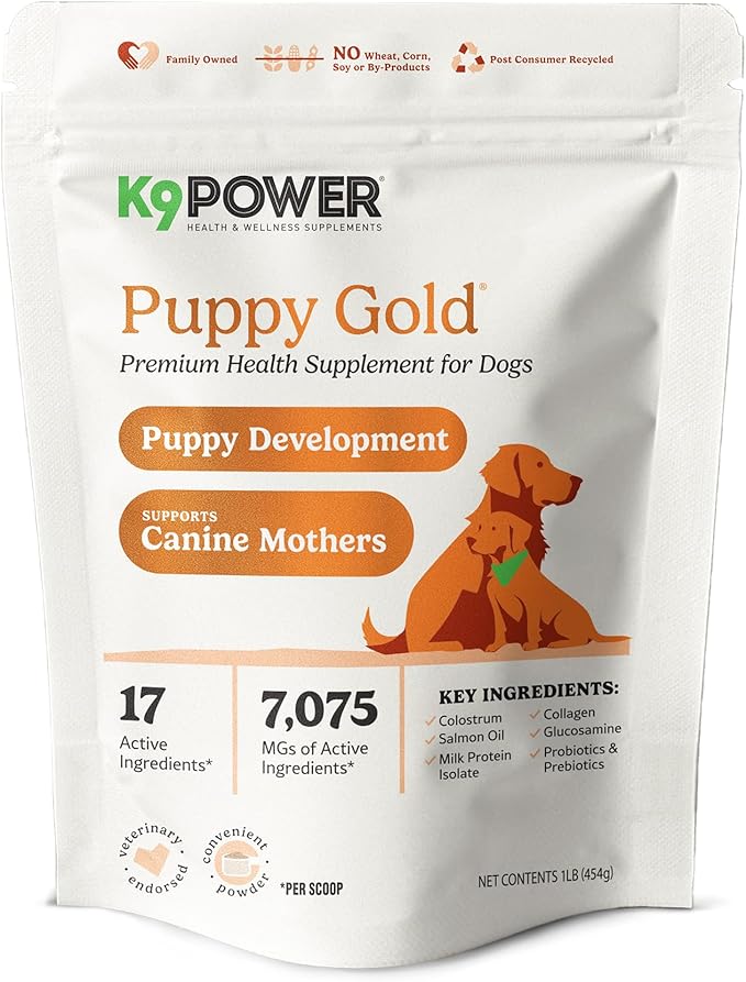 K9 Power Puppy Gold – Puppy Supplement for Growth & Development – Also Supports Pregnant & Nursing Mothers – Colostrum, DHA, Glucosamine, Collagen, Probiotics, Creatine, Milk Protein, Salmon Oil