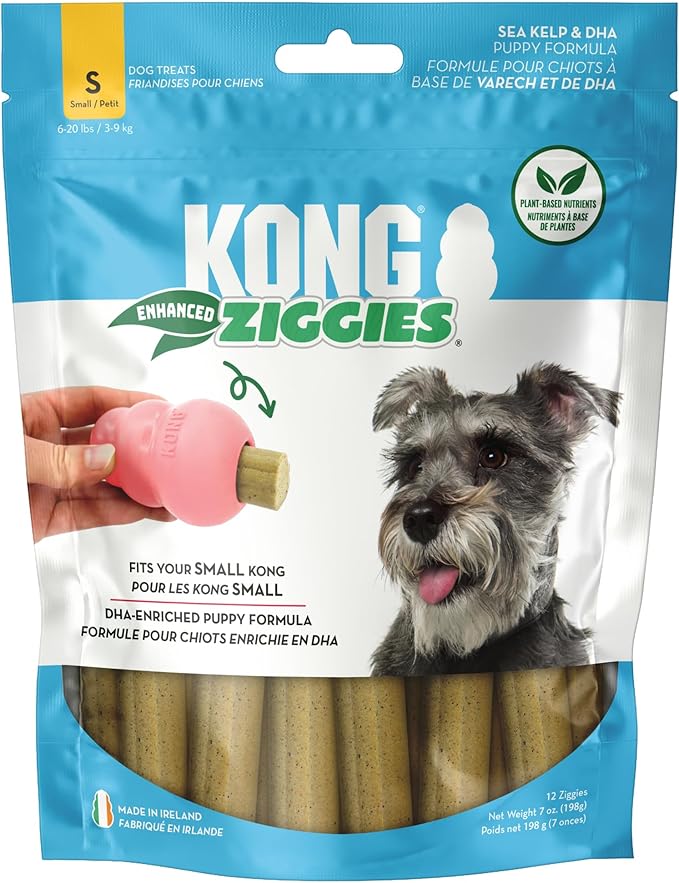 KONG Puppy Ziggies Enhanced - Teeth Cleaning Dog Treats for Puppies, Long-Lasting Chews, Works Classic Rubber Toys ((2 Pack) Small)