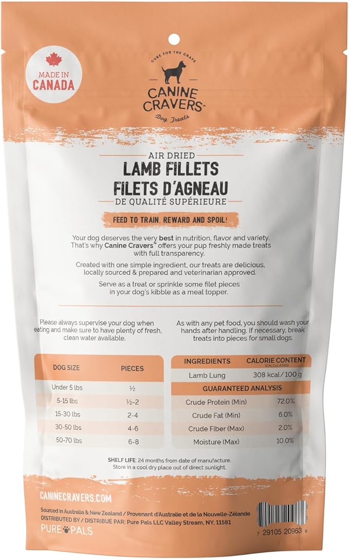 Canine Cravers Single Ingredient Dog Treats – Premium Lamb Fillets - Human Grade Air Dried Hypoallergenic Pet Food – Grain, Gluten, and Soy Free – 100% All Natural – 5.3 oz