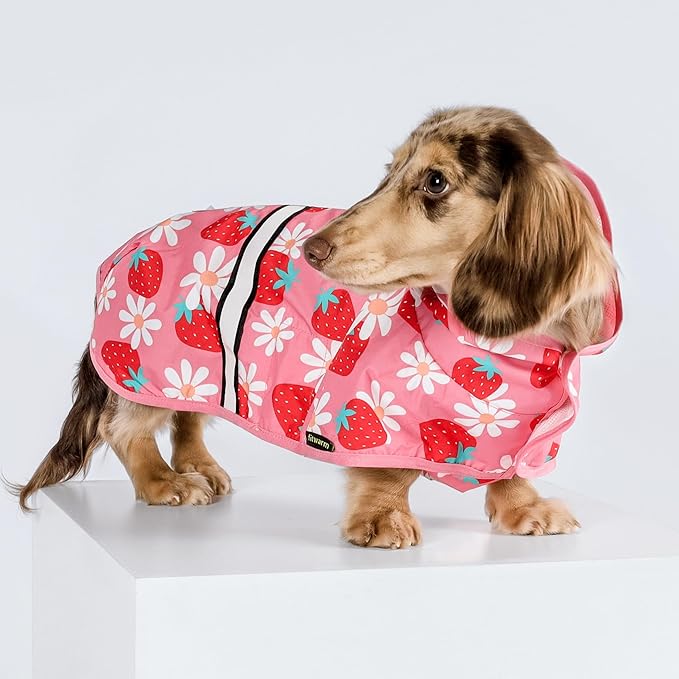Fitwarm Strawberry Daisy Dog Raincoat with Hood, Waterproof Rain Jacket for Small Dogs Girl, Reflective Pet Poncho with Harness Opening, Packable, Adjustable, Pink, XXL