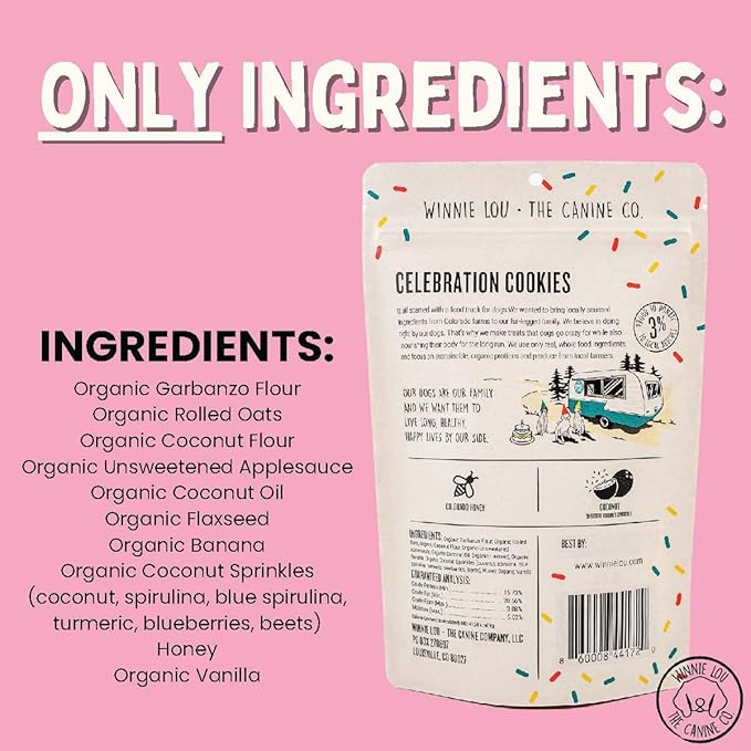 Winnie Lou Organic Dog Treats – Natural Dog Biscuits, USA Made, Organic Ingredients, Clean, Sensative Stomach, Small and Large Breed, High Protein, Hypoallergenic, Celebration Cookies (Pack of 2)