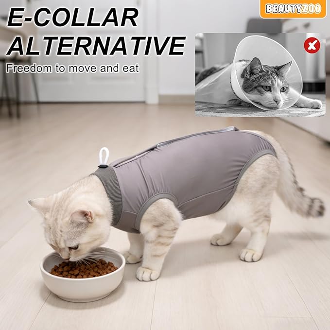 BEAUTYZOO 2 Pack Cat Recovery Suit, Cat Onesie for Cats After Surgery Female Male, Kitten Spay Neuter Surgical Recovery Body Suit Cone of Shame Alternative, Anti Lick Pet Anxiety Vest,Grey,XS