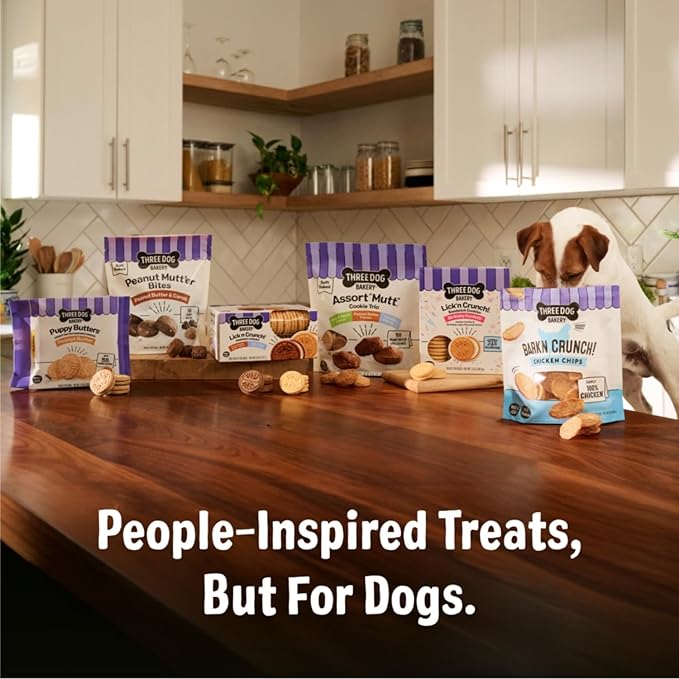 Three Dog Bakery Lick'n Crunch! Golden & Peanut Butter Dog Sandwich Cookies - Crunchy Vanilla & Creamy Peanut Butter Flavored Dog Treats, Cookies for Dogs, Dog Birthday Cookies, Dog Training Treats