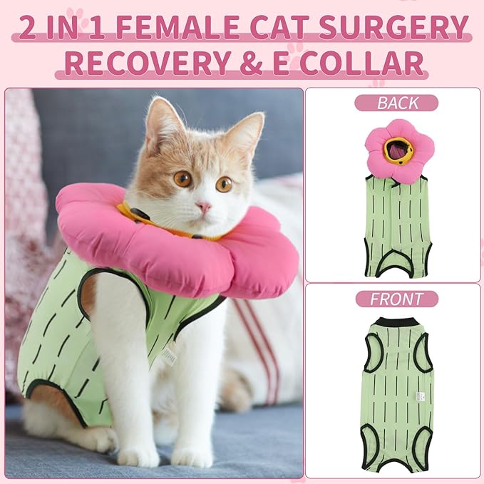 EMUST 2PCS Cat Recovery Suit and Cat Surgery Suit - Breathable Surgery Suit for Dogs, Adjustable Soft E Collar Alternative for Cats After Surgery - Green, L (8-16lb)