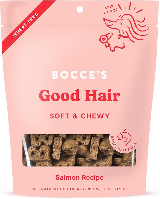 Bocce's Bakery Dailies Good Hair Dog Treats for Skin & Coat Support, Wheat-Free Dog Treats, Made with Real Ingredients, Baked in The USA, Natural Soft & Chewy, Salmon Recipe, 6 oz