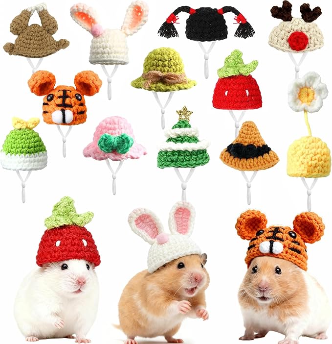 12 Pcs Hamster Hats Mini Party Hats for Small Animals, Cute Hand Knitted Tiny Hats for Snakes Lizards Bearded Dragon Guinea Pig Easter Bunny Reptile Pets Clothes Party Costume Accessories