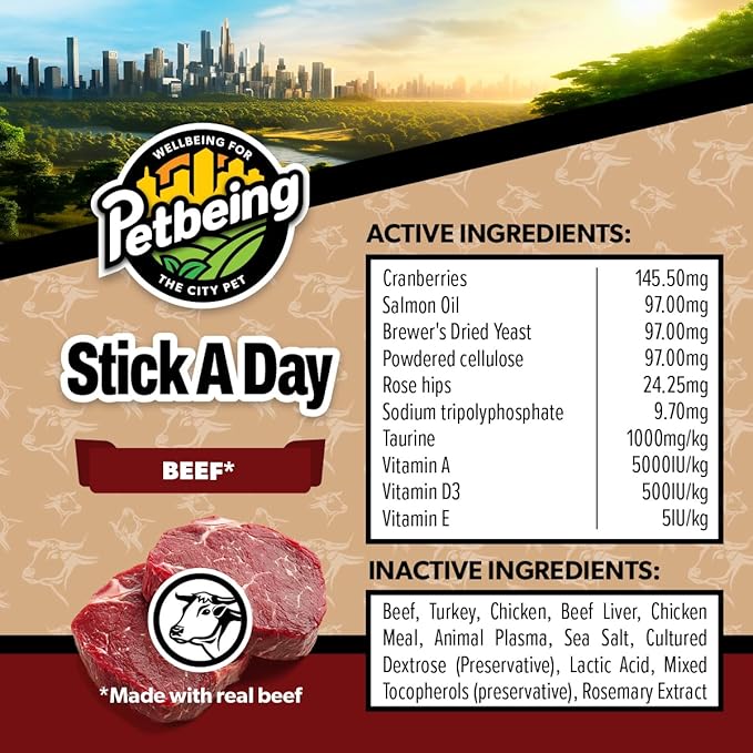 Stick a Day for Dogs | Specially Formulated 7-in-1 Functions Daily Real Meat Supplement for Dogs | Dog Chew Stick & Pet Vitamins Supplements Combination (7-Pack x 4, Beef)
