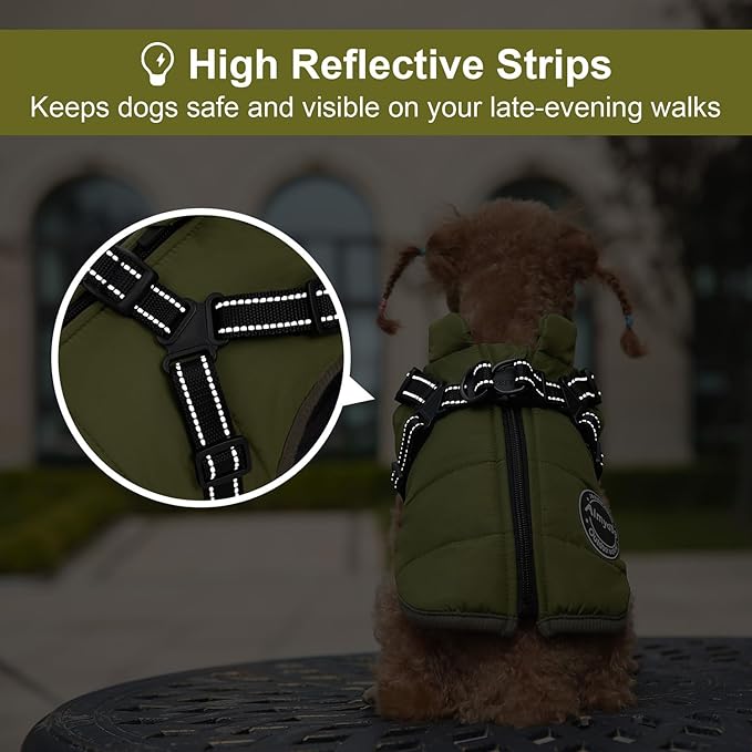 Warm Dog Winter Coat, Fashion Sports Cold Weather Jacket with Built-in Harness, Reflective & Adjustable Comfortable Pet Vest, Windproof Apparel for Small Medium Large Dogs (Green)