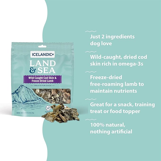 Icelandic+ Land & Sea Wild Caught Cod Skin & Freeze-Dried Lamb - 2.4oz Bag, Dog Treat & Food Topper, 2 Ingredients, No Preservatives, All Natural