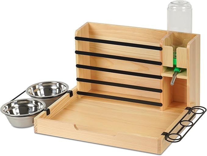 Rabbit Hay Feeder, 4 in 1 Wood Guinea Pig Hay Feeder Bunny Hay Holder with Litter Box 500ml Water Bottle 2 Food Bowl Small Animals Stuff for Cages for Chinchillas Hamster Dwarf Rabbit Ferrets