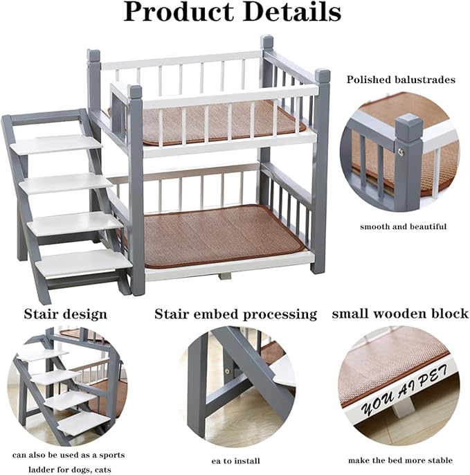 Dog Bunk Bed with Stairs Removable Double Layer Pet Bed and Memory Foam Cushion and Removeable Cover for Dogs Small for Small Medium Large Dogs Pet(22.0" L x 18.0" W x 24.0" Th, Gray)
