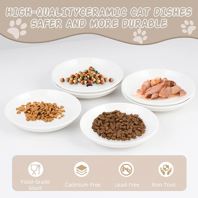6 Pack Cat Food Bowl, Ceramic Cat Bowls, Anti Whisker Fatigue Cats Bowl Set,5.5 Inches Shallow Wide Kitten Plates for Food and Water (White-A)