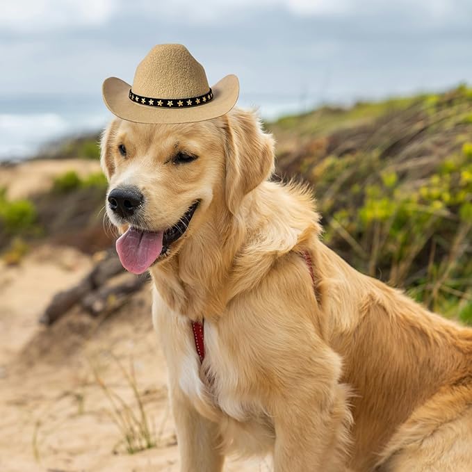 Dog Cowboy Hat Cat Cowboy Hat Mini Cowboy Hat for Dogs Cat Pet Cowboy Costume with Bandana Scarf Holiday Halloween Pet Party Decoration (Khaki, Large)
