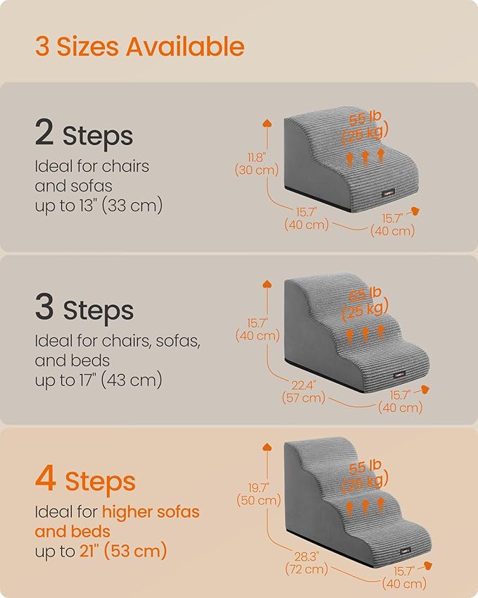 Feandrea 4-Step Dog Stairs, Dog Steps for Bed, Sofa, Waterproof Pet Stairs with Anti-Slip Designs, Gentle Slope, Removable Washable Cover, Handle, Dove Gray UPPS004G01