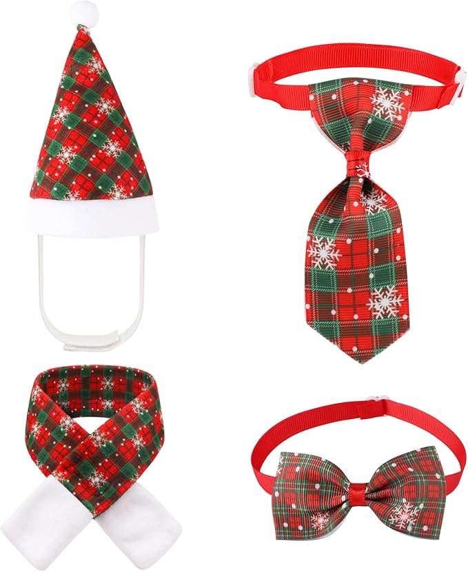 Christmas Dog Cat Santa Hat with Scarf and Adjustable Bow Tie Collar and Pet Necktie, Jupsk Essential Plaid Snowflake Xmas Costume Set for Small Dogs,Cats,Kitten,Puppies,Xmas Pet Outfit,Style A