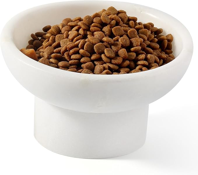 Karibiber Marble Elevated Cat Bowl, White Weighted Raised Cat Food & Water Bowl, Whisker-Friendly Stone Cat Dish with Non-Slip Stand, Heavy Water Bowls for Small Dog