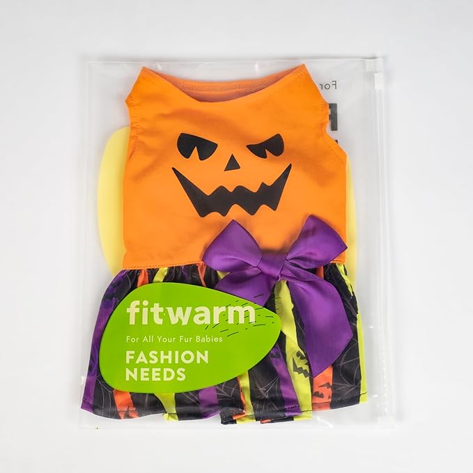 Fitwarm Halloween Pumpkin Dog Dress, Funny Dog Halloween Costumes, Doggy Clothes for Small Dogs Girl, Pet Apparel, Orange, Black, Purple, XS