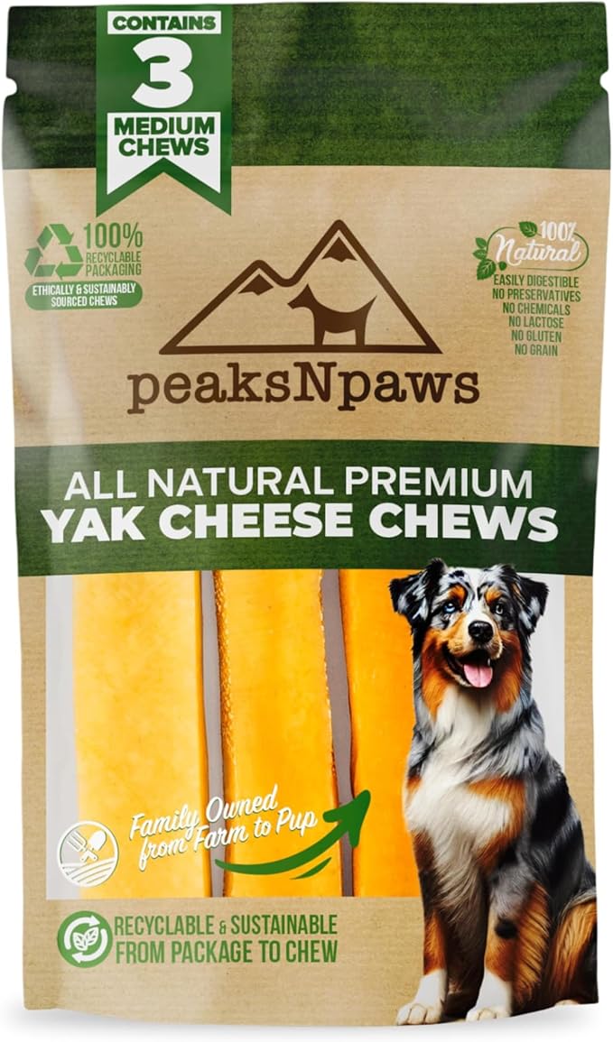 peaksNpaws Yak Cheese Himalayan Dog Chews, High Protein, Natural Dog Treats for Medium Dogs, Lactose Free Sticks for Aggressive Chewers, Long Lasting Pet Treat for Dogs Under 35 lbs, 3 Medium Chews