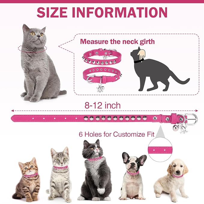 Leather Cat Collars for Boy Girl Cats with Bell and Safety Elastic Belt, Personalized Rivets Stud Adjustable Safe Buckle Collar with Skull Charm for Kitty Small Pets, Halloween Cat Collar
